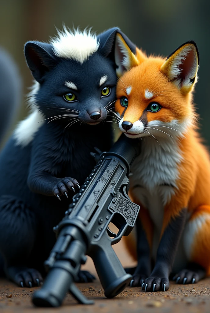 A dark blue skunk with green eyes and a machine gun next to an orange fox. And these two are best friends