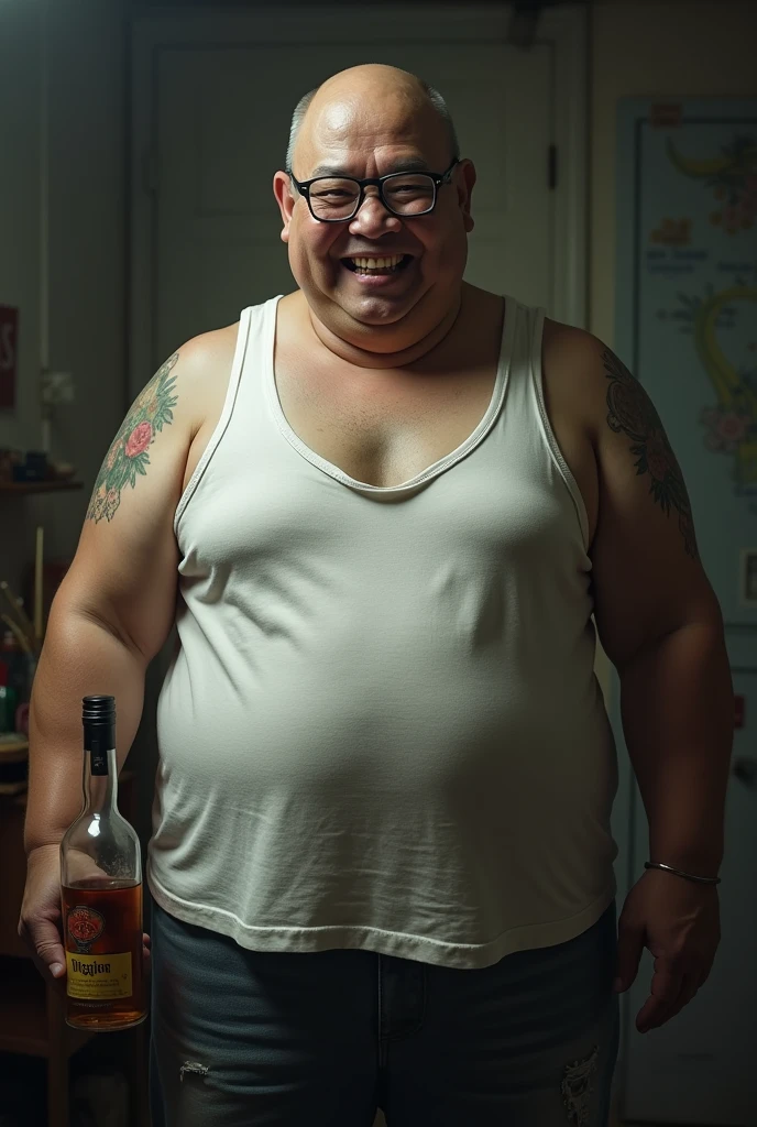 Asia, Thai Psychotic Uncle, White tank top, fat, smile, Wear glasses, glabrous, Holding a bottle of liquor