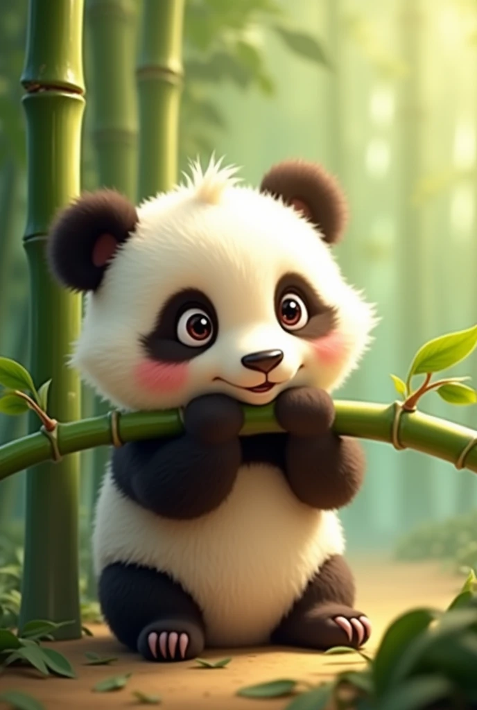 I need you to design me an animated image of a cute baby panda biting a bamboo branch
