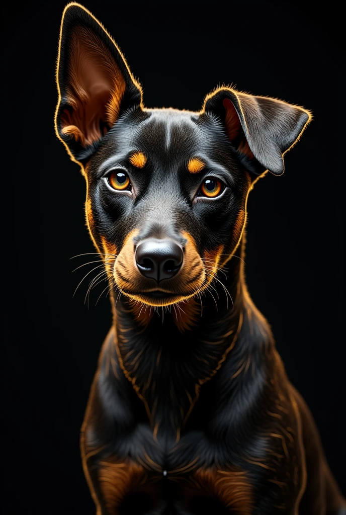 "Create a pet portrait using thin, gilded lines to form the pet’s features on a black or dark grey background. The lines should be intricate yet simple, with a focus on capturing the pet’s facial expression. The golden lines should give the portrait a luxurious and modern feel, suitable for a premium setting."