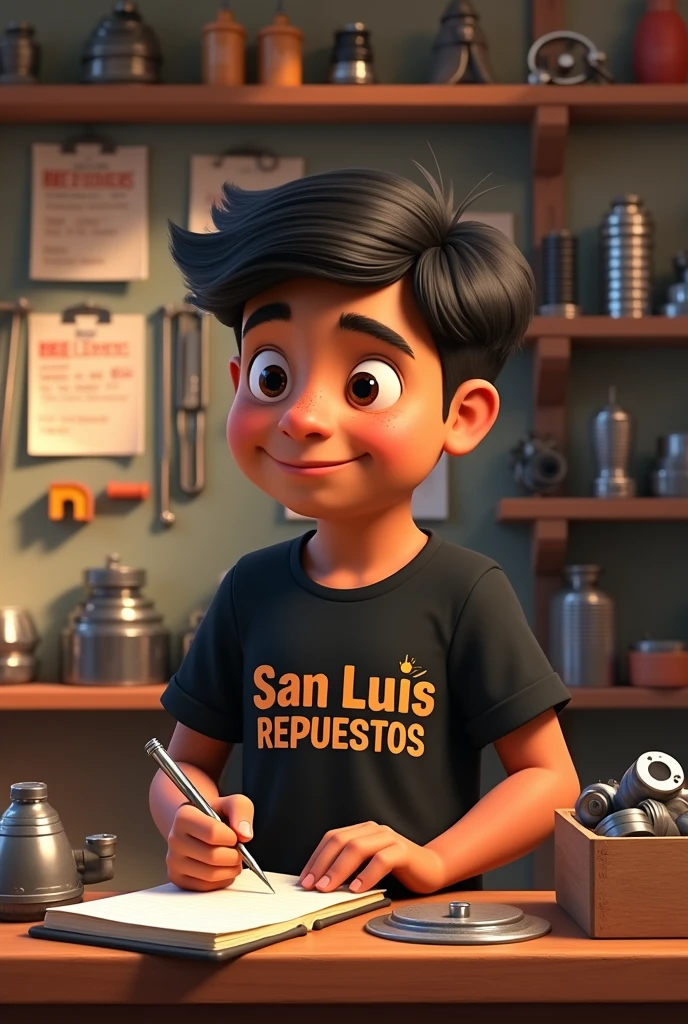 Pixar style poster of a 2 young man, his skin color is brown, he has a mole on the tip of his nose, he is a little chubby, he owns a San Luis spare parts store, he has a black t-shirt with the name San Luis Repuestos on it, his hair is dark and short, in the image he is seen writing down orders