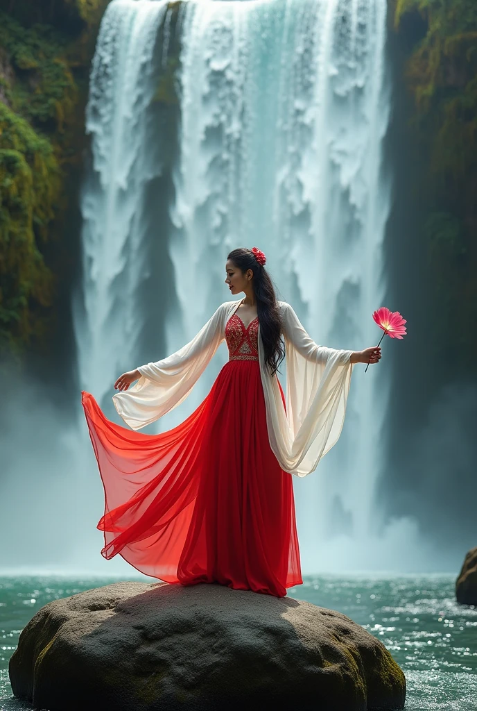 Photoshot of a beautiful woman wearing a red and white dress and wearing a long cloth on her shoulders.  Dancing on a big rock under a very beautiful waterfall.   While holding a beautiful flower