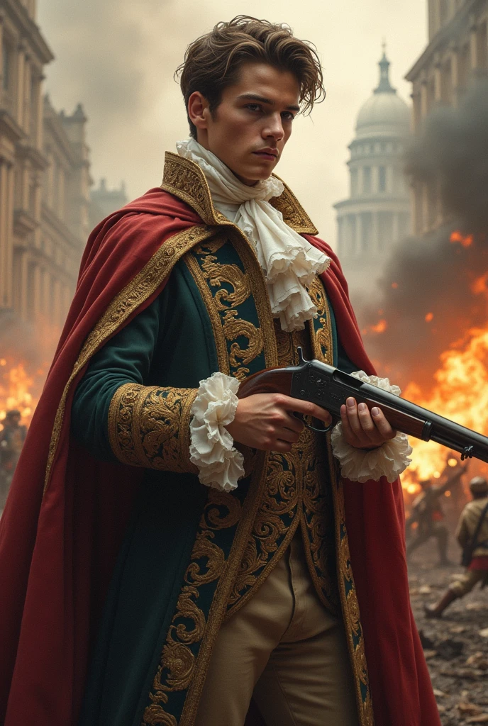 A 18 year boya bearing prince dress and both hend puck the gun and background fighting seens like