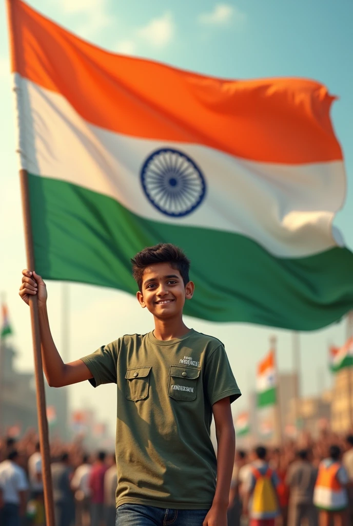 Happy independence Day 15th august 2024 is written on
big flag of Bharat and a 20-year-old boy is
standing in front of him wearing Army T-shirt,
with name "mridul agrawal" written on t shirt, and holding
the bharat flag in his hand, 3D art painting metallic high quality photo.