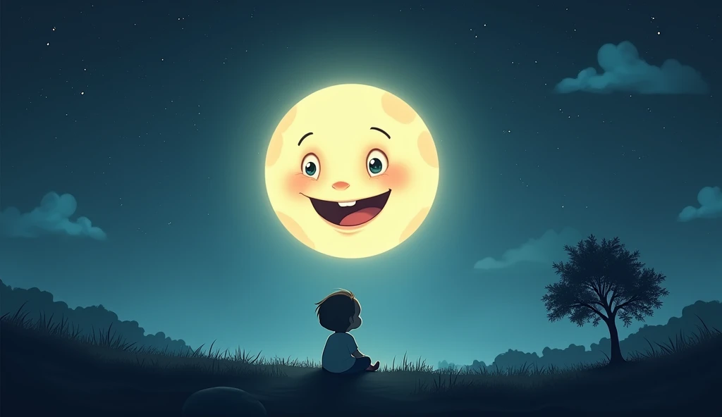 Full moon night with a tree in front of moon fino landscape mode 16 : 9 moon has eyes and mouth with a smile face and a baby looking him sitting on ground