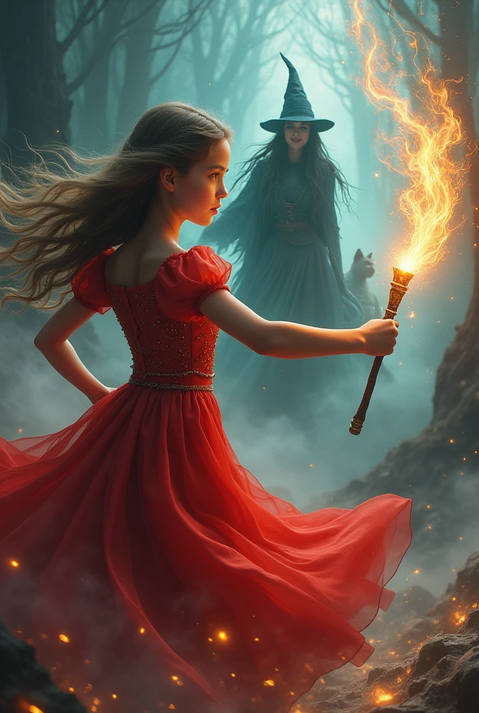 girl in red dress with a magic wand casting a spell on a witch to turn her into a painting.