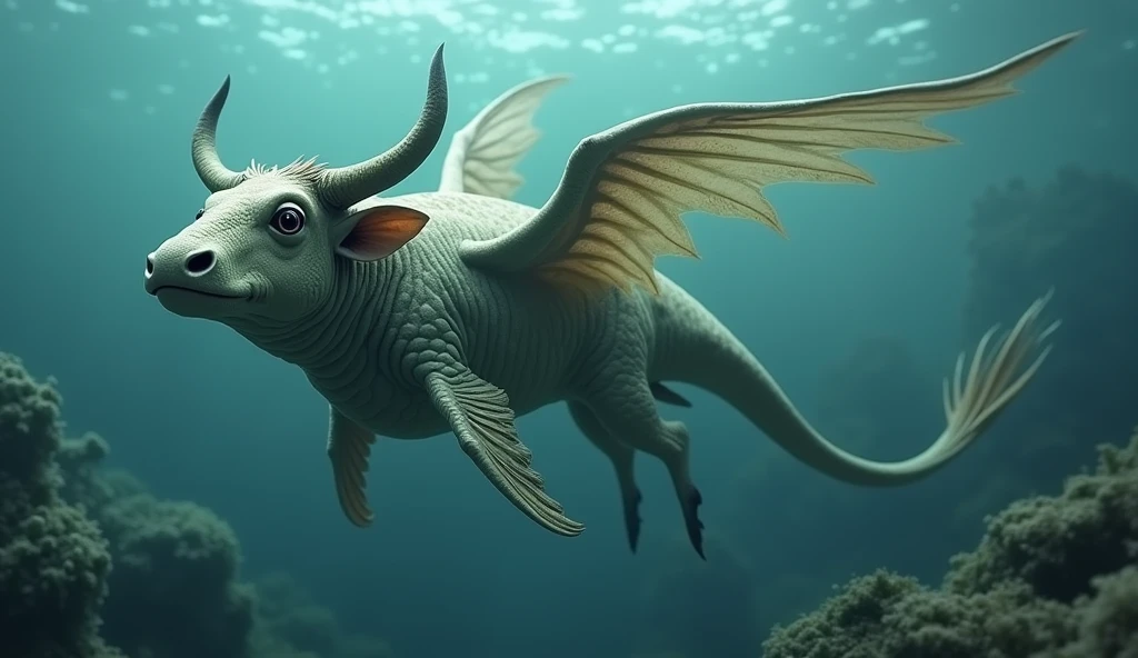 There is a creature growing underwater,It has the body of a fish, the head of a cow and the tail of a snake.,Wings growing from the ribs(best quality,4K,8k,High level,masterpiece:1.2),Ultra Detailed,(lifelike,Photo real,Photo real:1.37)