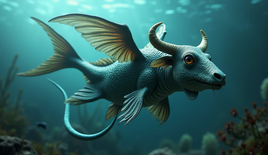 There is a creature growing underwater,It has the body of a fish, the head of a cow and the tail of a snake.,Wings growing from the ribs(best quality,4K,8k,High level,masterpiece:1.2),Ultra Detailed,(lifelike,Photo real,Photo real:1.37)