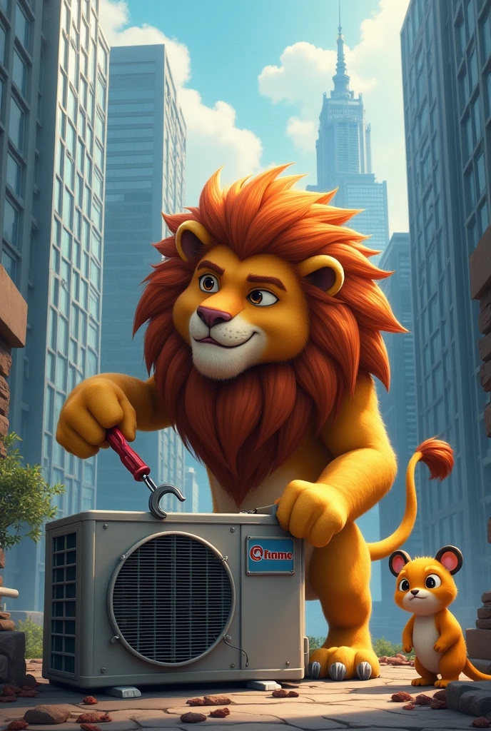 A lion holding tools in his hands to repair ac with his helper in the city of tall buildings