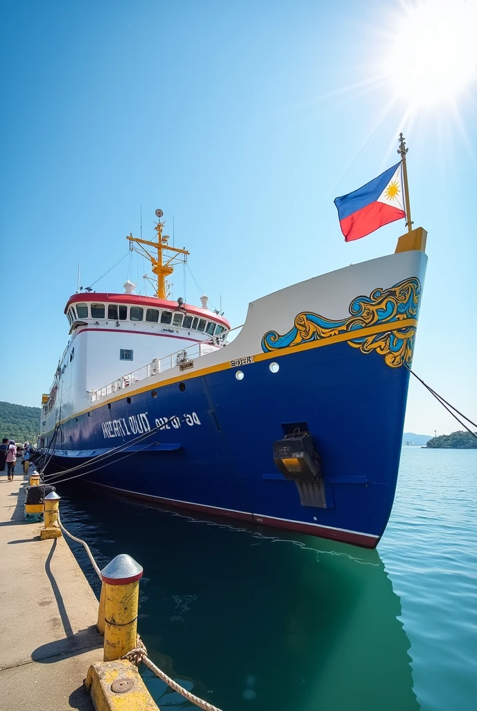 A Passenger Ferry named MV Princess of Philippines with a blue hull and a philippine flag at the back of the ship at Allan Port Samar at 2.00pm