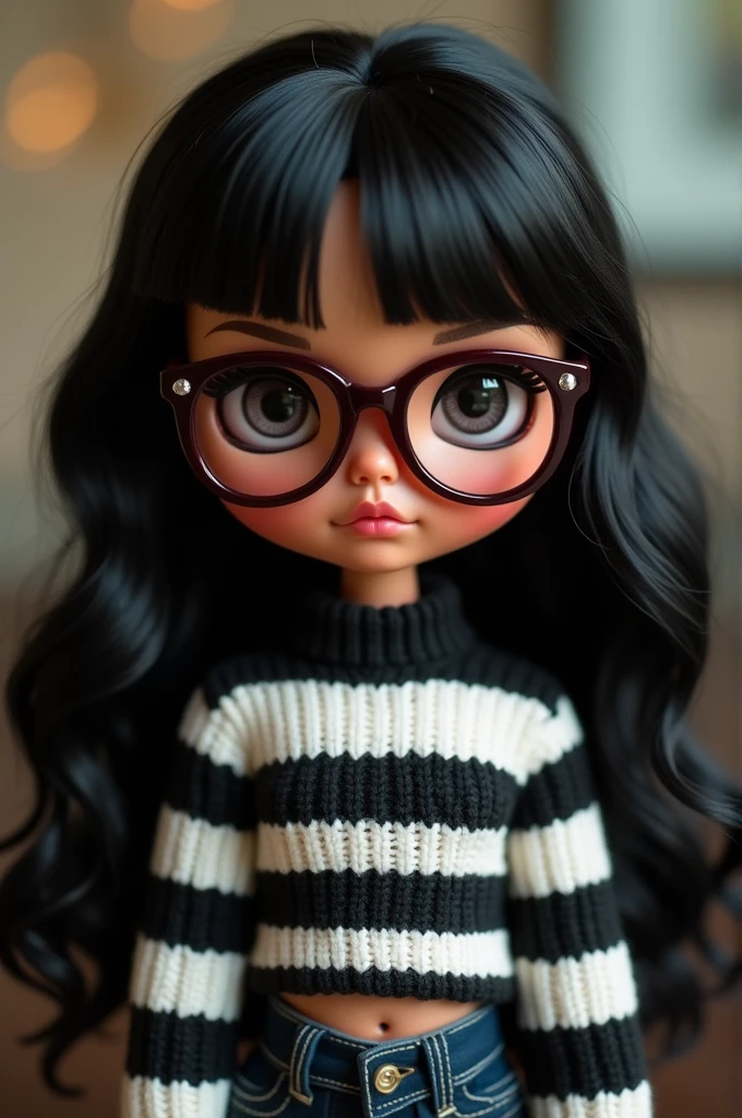 blythe doll , long wavy black hair without bangs or fringe, with maroon-colored glasses , light brown skin , black and white striped sweater