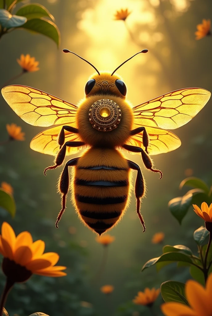 generates an animated image of a honey bee with an Aztec crest, as if she were a goddess of the beekeeping empire