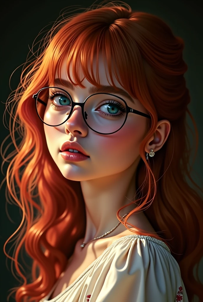 1 girl, wear glasses, star eye, blush, perfect lighting, Red hair, blue colored eyes, large hip, side lighting, whole body, face detailed, bangss, shining skin, simple background, darkness background