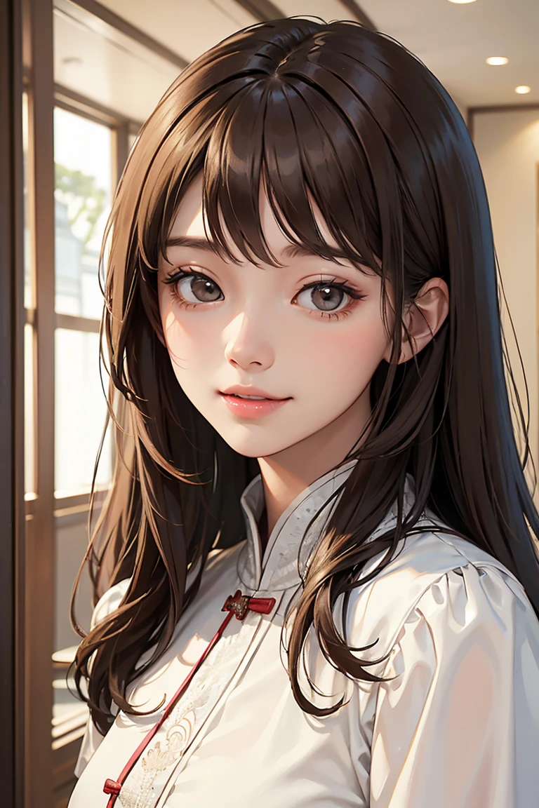 Admission to luxury hotels(in house), 1 Lady Solo /(Brown medium hair/) bangs, White Chinese Dress, A gentle blushing smile, (Masterpiece Top quality:1.3) Delicate illustrations、High resolution、Super Detail、Perfect Face、Beautiful Skin、big
