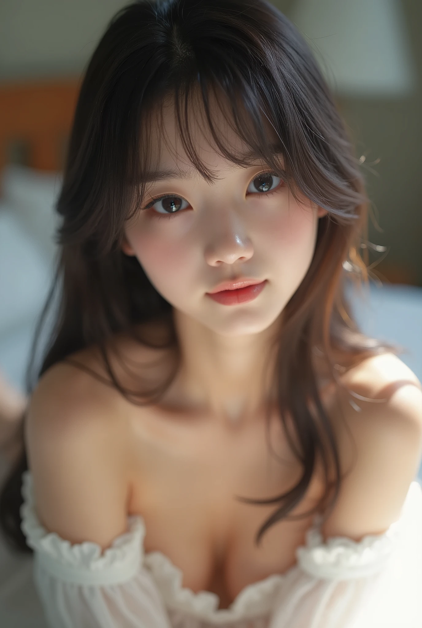 Realな写真、、Japanese high school girl、NUDE、naked、((whole body))、((Small nipple 1.4、pussy:1.3、pubic hair:1.4、Detailed nipples))、Straight Hair、bangs、Detailed face and body、((Lie face up on the bed))、Natural lighting、High resolution、Photorealistic、(Highest quality、8k、High resolution、masterpiece:1.2)、Super detailed、(Real、Photorealistic、Photorealistic:1.37)、Realな肌の質感、Detailed eyes and lips、Beautifully detailed face、Long eyelashes、Smooth Skin、Slim figure、Blur the nipples、cute、smile、Young、、、