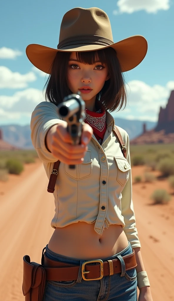 Revolver, hand gun with holster, Revolver, Her has a gun, Full-body ,standing pose, Western style, America, Cowboy Dressed , Cowboy style Wear,  cowboy-hat, (Billy the ??? clothes) ,looking viewer,  ((Japanese girl )),  ,(middle hair, brown hair, fringe),(middle breasts, slender whist, middle hip, public hair), (masterpiece, highest quality, Very detailed, Ultra-high resolution, (photopractical:1.4), Original photo, (practical:0.2) ,　Colorado desert in the United States、noon