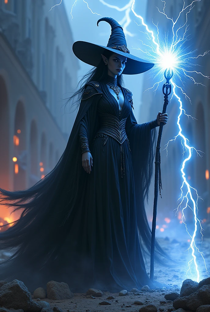female dark elf, dark skin, dark elf witch in black dress with witch hat, with a black metal staff, dark energy emanates from him, casts a powerful electrical spell, looks at you with disdain, destruction everywhere