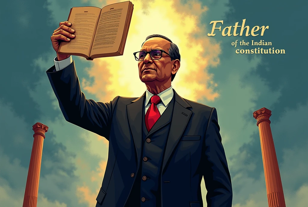 "A striking illustration of Bhimrao Ramji Ambedkar standing in front of the Indian Constitution, holding it in one hand with pride. The background showcases the Ashoka Pillar, symbolizing justice and equality. The color scheme is a blend of deep blues and golds, representing wisdom and strength. A subtle overlay of text in the top corner reads 'Father of the Indian Constitution' in elegant, modern typography."wearing black suit, with red tie.