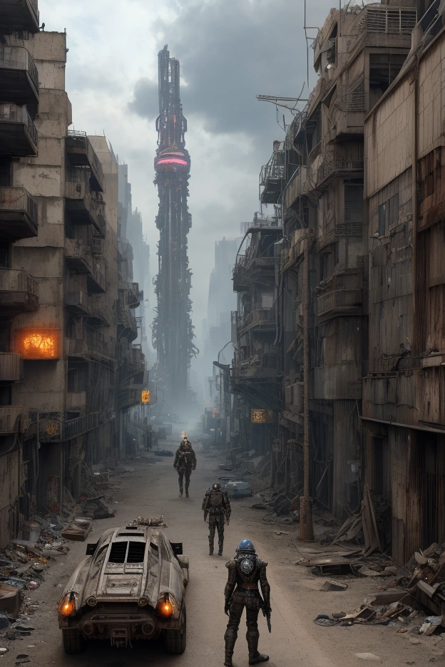 A UFO parked in a junkyard Aerial View of panoramic distopic city, laser beam, steam punk, drones, laser sword, metal, steel, sky line, britge, gate, soldier, street, army, rebelion, resistence, hologram, graffiti, rusty metal, space ship, mega structure, gang, animals, oxygen Mask, ,oxygen tank with palnt in side, Wearing scrap clothes, metal gears, sniper, weapons, spikes, leather trench coat, pipes apparent, Apparent installations, machine scrap exposed mechanic cabling, a screenshot inspired by Mad Max, Neon Ligth, Trash, Garbage, Blade Runner, robotic scrap, android scrap, cyborg scrap, tumblr, dau-al-set, wearing apocalyptic clothes, ornate cyberpunk robes, chains, debris, smog, Vehicule Scrap from Mad Max, dressed as an oracle, tattered robes, intricate costume design, cyberpunk fashion clothing, still from a fantasy movie, post apocalyptic attire, mechanic exposed, cables, scrap, sky line of ruins, vehicule military.