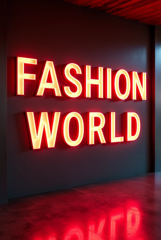 Boutique ad that says "fashion world" with illuminated letters 