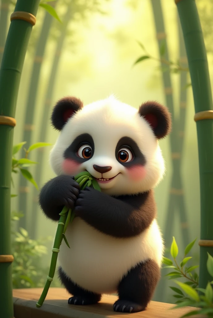 I need you to design me an animated image of a cute baby panda biting a bamboo branch