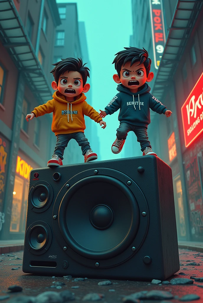 Two kids like the neighborhood gang from the cartoon jumping on a speaker, in a more trap tone, now with a more threatening face, swag brand clothing, now just turn this into a less 3d image, remember more cartoon, that 90s thing