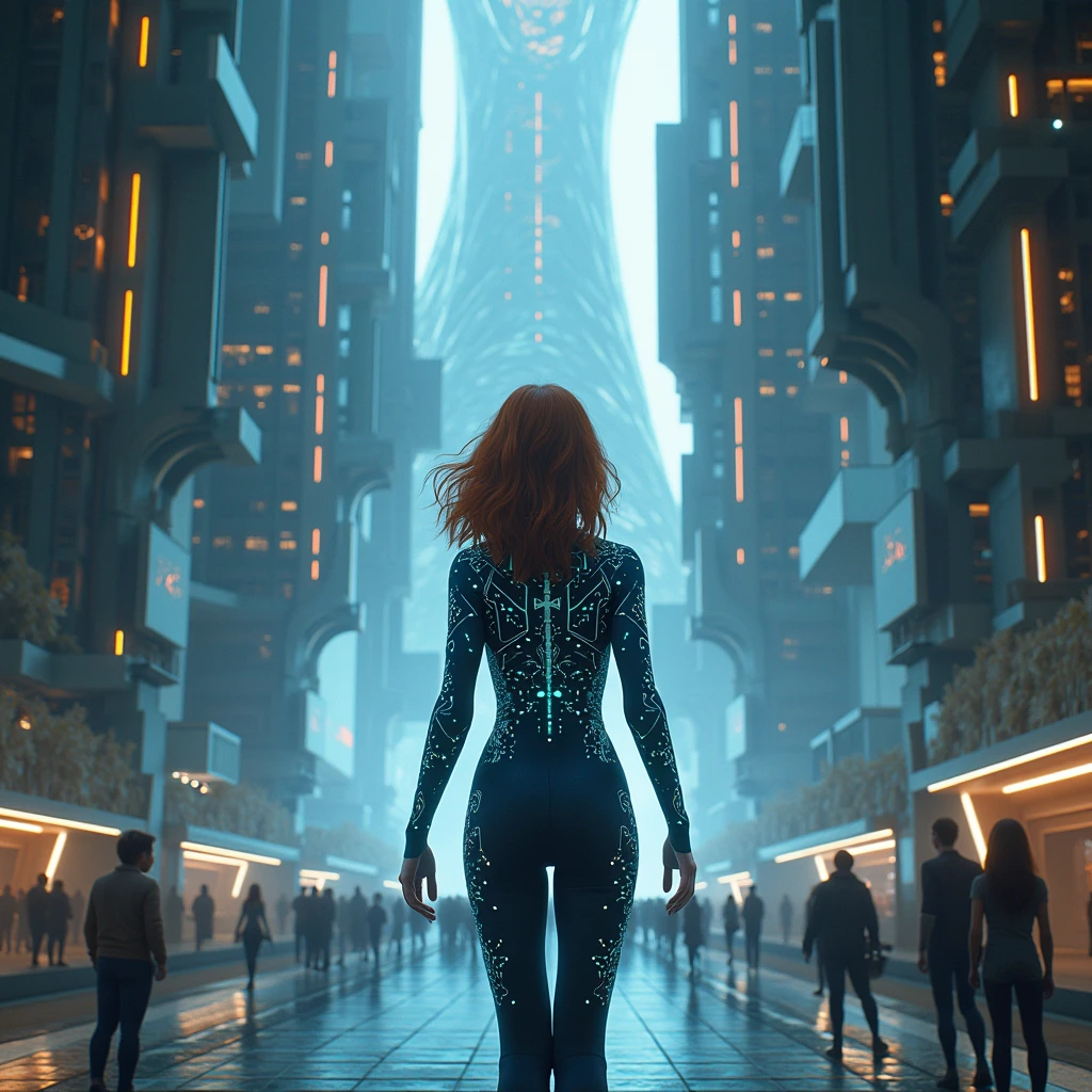 Visualize Emma as she approaches the core of the virtual city, where reality’s boundaries blur even further. Emma is depicted as a resilient young woman with shoulder-length, wavy auburn hair and vivid blue eyes, wearing a sleek, dark suit embedded with technology that glows with intricate patterns responding to environmental stimuli. Her expression mixes resolve and awe, reflecting her deepening engagement with the simulation.
In this pivotal scene, Emma stands at the threshold of a grand structure, the nexus of the city. This architectural marvel intertwines metallic frameworks with organic designs, symbolizing the fusion of technology and nature. It pulses with life, its surfaces shimmering with data streams, representing the simulation’s lifeblood.
Emma interacts with a sophisticated control panel, her actions synchronized with the building’s pulsating rhythms. As she inputs commands, the structure dynamically alters, revealing new pathways and previously concealed dimensions. This interaction signifies her growing mastery over the simulation’s parameters.
The atmosphere is charged with anticipation and tension, as revelations within the core are poised to unveil the true nature of her reality. The design emphasizes a seamless blend of futuristic and natural elements, deepening the narrative’s exploration of existential themes and mirroring Emma’s internal and external journeys.
Ensure Emma’s portrayal remains consistent, highlighting her evolution and the depth of her engagement with the virtual world. The visuals should reinforce the themes of identity and discovery, creating a cohesive narrative that aligns with Emma’s transformative journey. Maintain consistency in Emma’s appearance, emphasizing her blend of determination and curiosity. The image should be epic and immersive, with an emphasis on hyper-realistic details and the complexity of technological elements.