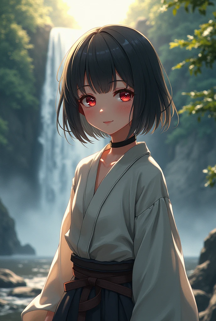 a young beautiful girl ,kind smile,bangs,messy short-bob,(red eyes),detailed realistic clothes,soft tone, monocrome ,at akame shijuhachi falls,waterfall
