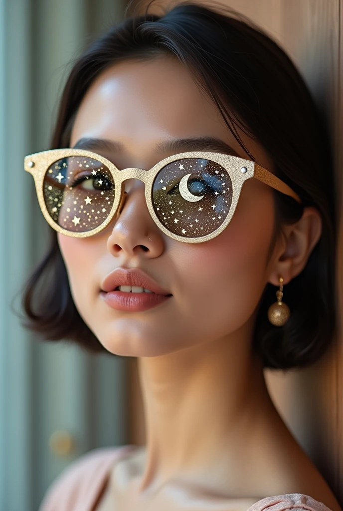 The model is wearing glass sunglasses with stars and the moon on the glass