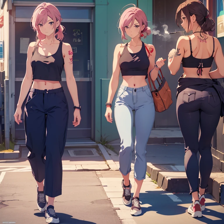 Illustration, anime, Woman smoking a cigarette in the street, Side shot, Tank top, Tattoo on arm, Wearing chino pants, Waist shoes, Wear it loosely, The waist of the boxer briefs is visible