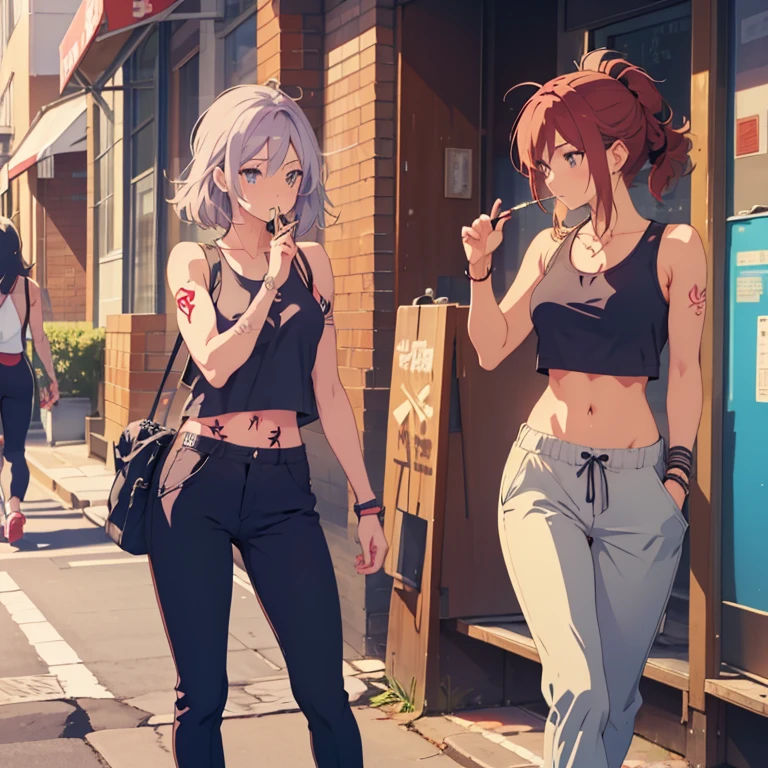 Illustration, anime, Woman smoking a cigarette in the street, Side shot, Tank top, Tattoo on arm, Wearing chino pants, Waist shoes, Wear it loosely, The waist of the boxer briefs is visible