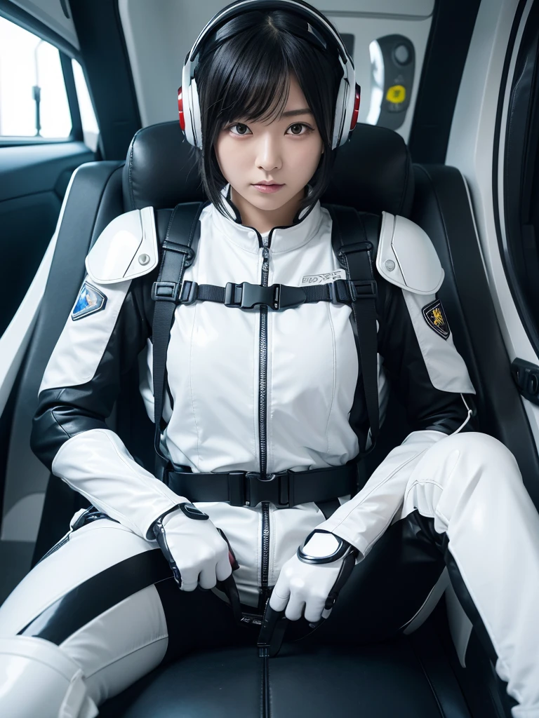 Japanese female android,Black Hair,capsule,The person is completely secured in the seat with the backrest reclined by a thick harness belt.,Plump,Spread your legs,Squat,Shiny white robot suit,Surrounded by switches and monitors,A helmet that completely covers the head,