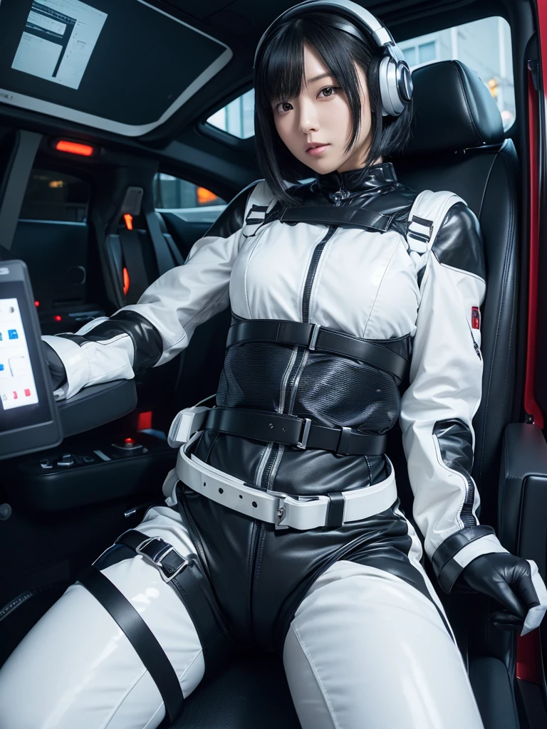 Japanese female android,Black Hair,capsule,The person is completely secured in the seat with the backrest reclined by a thick harness belt.,Plump,Spread your legs,Squat,Shiny white robot suit,Surrounded by switches and monitors,A helmet that completely covers the head,