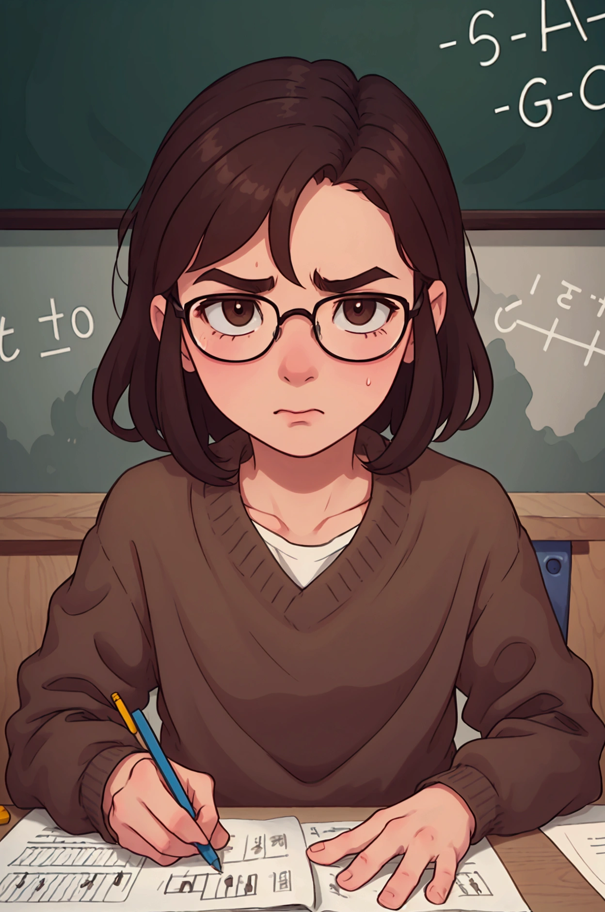 A close-up shot of Sam with brown hair and glasses sitting at a wooden desk at the classroom , staring anxiously at a math worksheet filled with equations. His brows are furrowed, and his hand grips a pencil tightly, pressing it against his forehead as if trying to solve a difficult problem. Papers are scattered around him, and a digital clock on the table shows it’s late. His posture reflects frustration and overwhelm, with a slight sweat on his forehead, indicating his stress. ultra animated and 3d