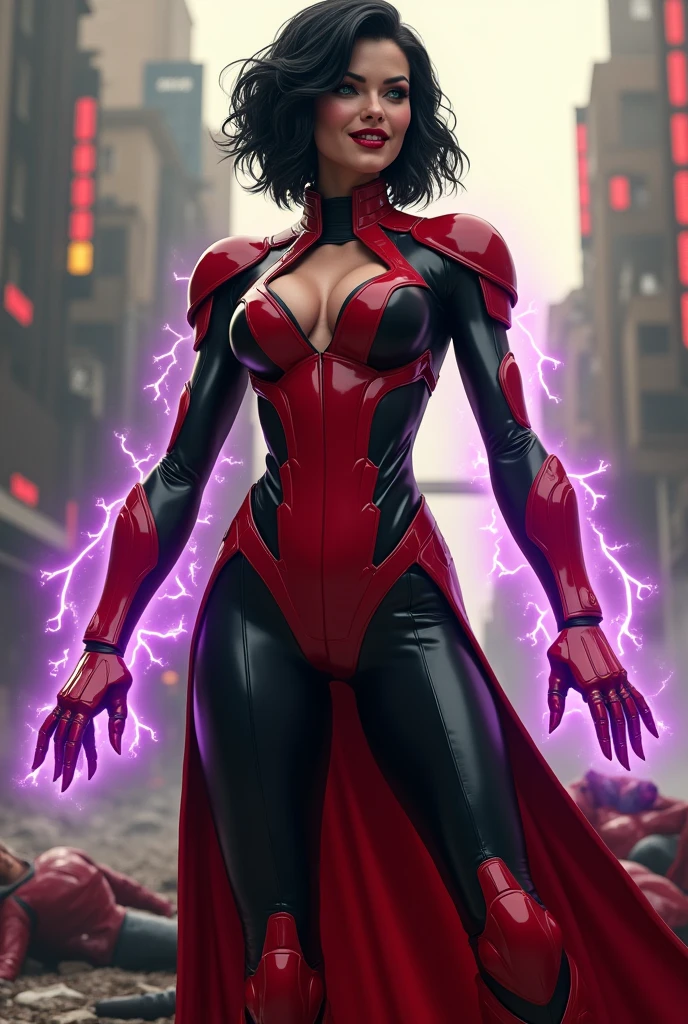 A confidant, sexy pose of a Beautiful and powerful evil supervillain woman with short black hair in a layered bob, green eyes and red lips, a sadistic grin across her face. She is wearing a sleek skintight bright red and black high tech power armor and radiating purple energy around her hands. Destroying, Evil wins, destroyed city, lots of bodies of costumed heroes litter the ground.