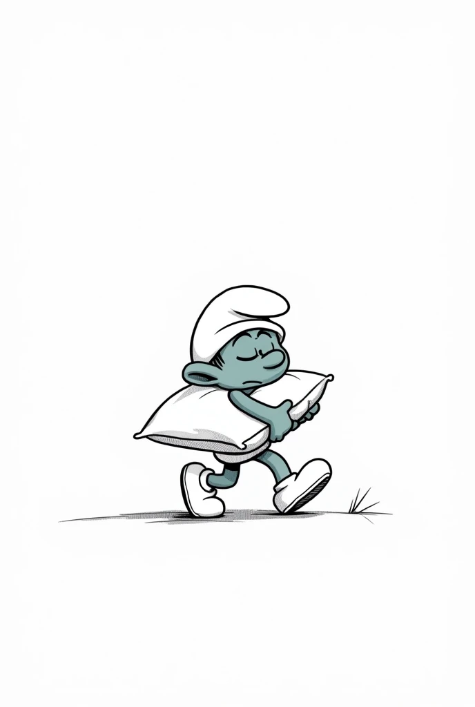 sleepy green smurf drawn black and white line carrying a pillow while walking with tired eyes