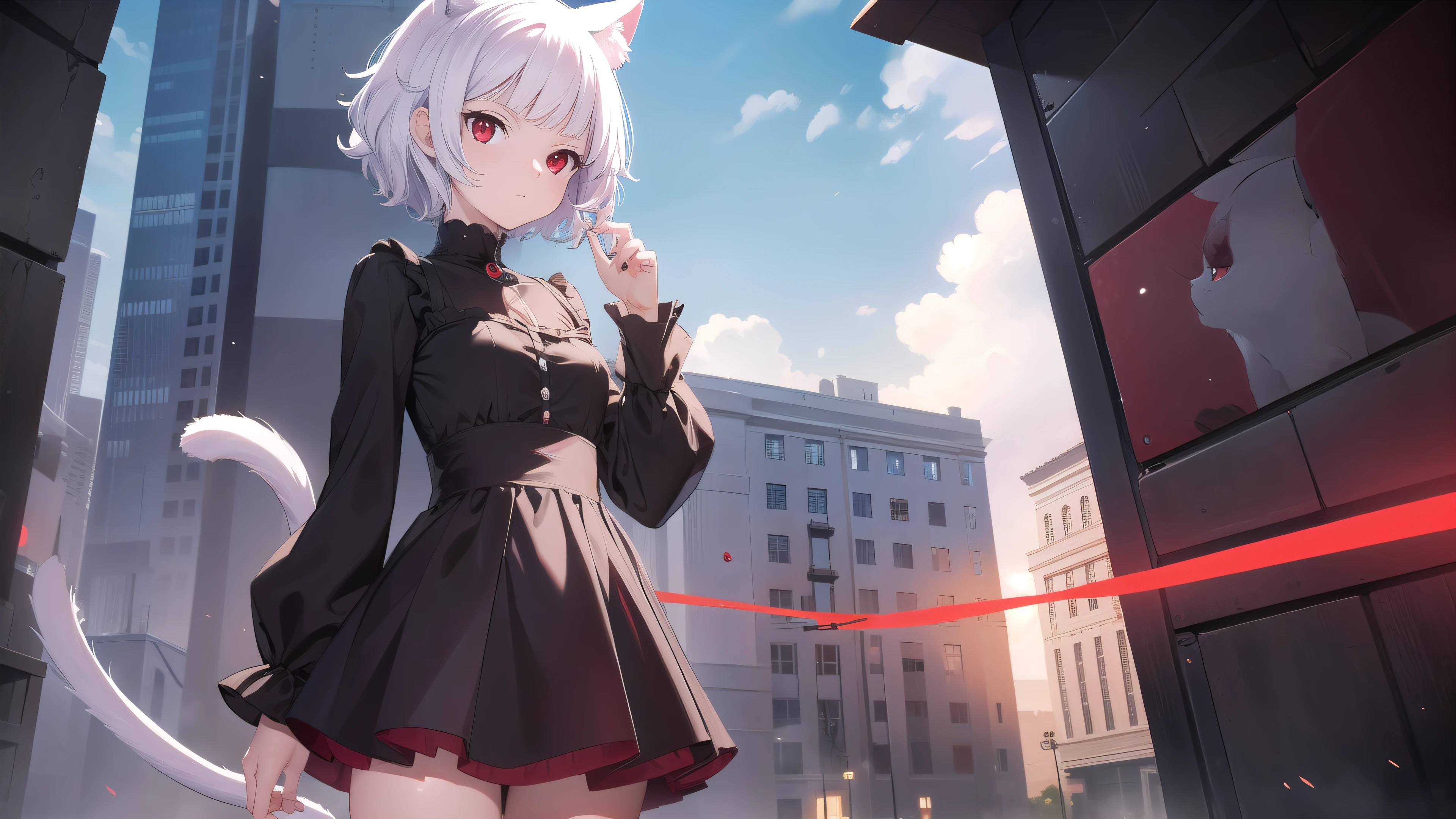 neferpitou, short hair, (red eyes:1.5), full body , dress, animal ears, white hair, shorts, cat ears, cat tail, curly hair, (small breast:1.2), BREAK looking at viewer, BREAK outside, BREAK (masterpiece:1.2), best quality, high resolution, unity 8k wallpaper, (illustration:0.8), (beautiful detailed eyes:1.6), extremely detailed face, perfect lighting, extremely detailed CG, (perfect hands, perfect anatomy)