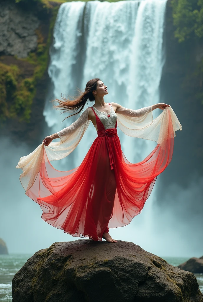 Photoshot of a beautiful woman wearing a red and white dress and wearing a long cloth on her shoulders. Dancing on a big rock under a very beautiful waterfall. While holding a long and beautiful cloth