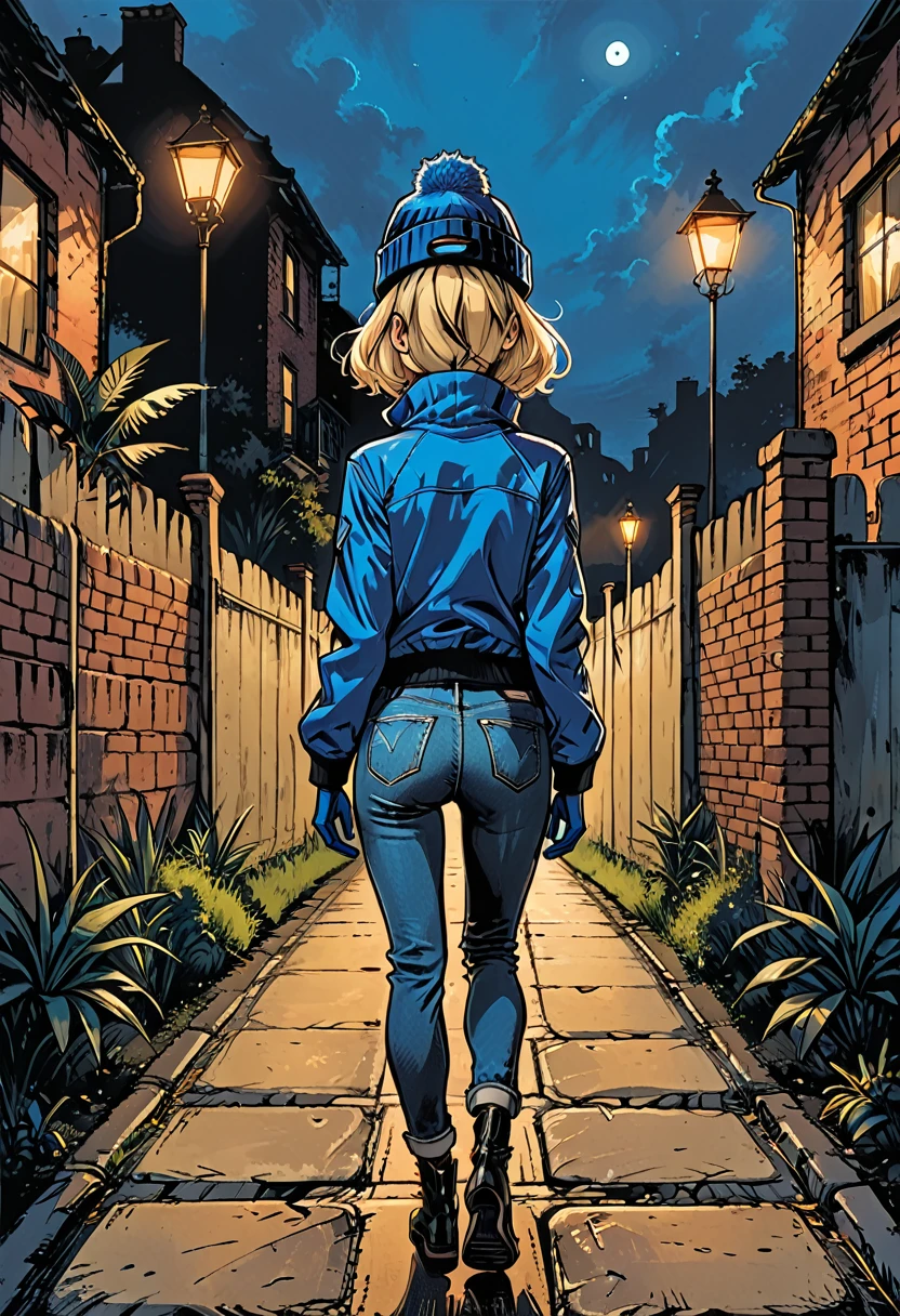 (((night))), dark, looks away, ((high brick fence)), ((tropics)),(palm), fullbody from the back, ((back view girl in Blue zipped up down winter jacket and black turtleneck )) and (((jeans))) and blue gloves and (((blue winter hat)))) ((walking)) on the road with brick fence, adult, [Nordic], Hourglass elongated fitness body, perfect Olive skin, Oval Face, Rounded shoulders, perfect hand, Attached Pointed ears, round forehead, (Short blonde Waves pixie hair), snub nose, ((Monolid blue Eyes)), High Round Narrow cheekbones, Dimpled Cheeks, Rounded Chin, Rounded Jawline, Full nude Lips, (blue eyes), Nude Makeup Look, long eyelashes, long slim fitness legs, graphic style of novel comics, perfect hands, 2d, 8k, hyperrealism, masterpiece, high resolution, best quality, ultra-detailed, super realistic, Hyperrealistic art, high-quality, ultra high res, highest detailed, lot of details, Extremely high-resolution details, incredibly lifelike, colourful, soft cinematic light, (looks away),