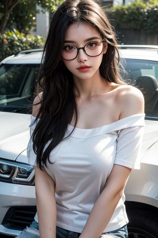 ((huge breasts 아래)), (Straight shoulder-length hair: 1.2), black hair,short ponytail，upper body, （very detailed CG 8k 벽지），（Incredibly stylish and beautiful.），（masterpiece），（best quality：1.0），（초high resolution：1.0），A beautiful light came in，Perfect 번개，Realistic Shading，[high resolution]，smooth, Perfect, fair skin，Very exquisite facial details，（Perfect 몸：1.1），very detailed，Beautiful girl，small head，(huge breasts:1.1)，attractive collarbone，Towering box，divided，chubby body type，big ass，thick thighs，thick arms，laugh，jollity，（white collar long sleeve shirt:1.1），（blue shorts：1.1），white sneakers，summer，morning，Sitting in a spacious private car，Female drivers，chest of steering wheel，Driving a car，wearing glasses, expect，enlargement，