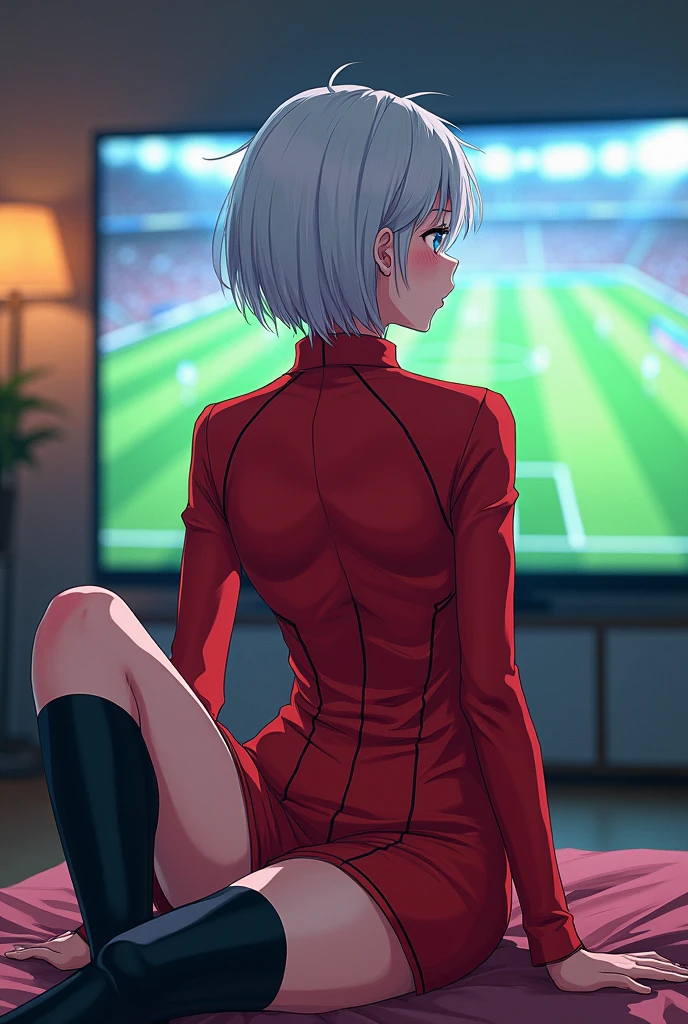 A girl with short white hair wearing a red Chinese combat suit on top and a not-so-long skirt, Black high boots and long sleeves on the arms Japanese manga style Height 169 Big bust long legs 2 Looks like a young adult Full body While watching a football match on TV