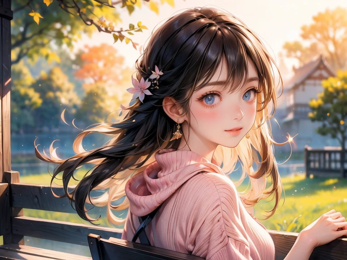 Beautiful Japanese woman portrait, A pale color reflected in her deep blue eyes,A woman wearing a light pink summer sweater is playing the guitar on a park bench 　Soft orange light Soft orange light reflects off the hair、Make you feel the end of summer。　I feel the end of summer　Late summer afternoon　Autumn wind　　Nostalgia　Looking back on happy memories, She smiles quietly with a lonely look on her face