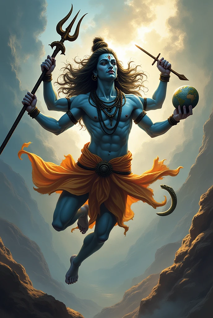 Dangerous shiv bhagwan with his trishoool with flying moment with cobra, in one hand trishool, second hand damru, third hand earth, fourth hand stone
