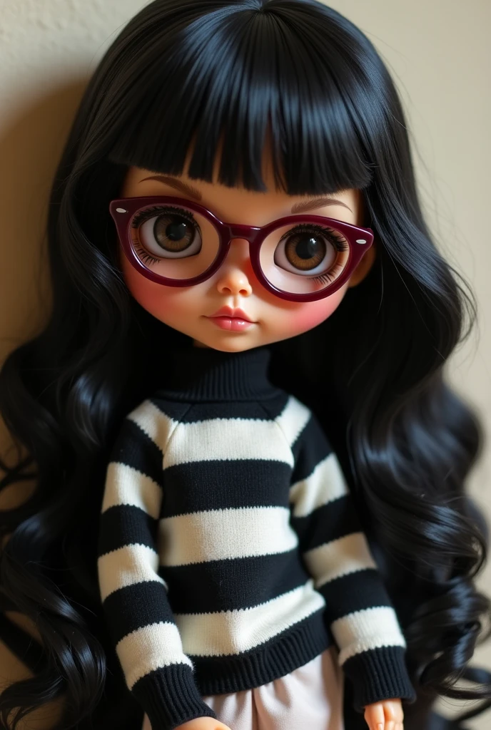blythe doll , long wavy black hair without bangs or fringe, with maroon-colored glasses , light brown skin , black and white striped sweater