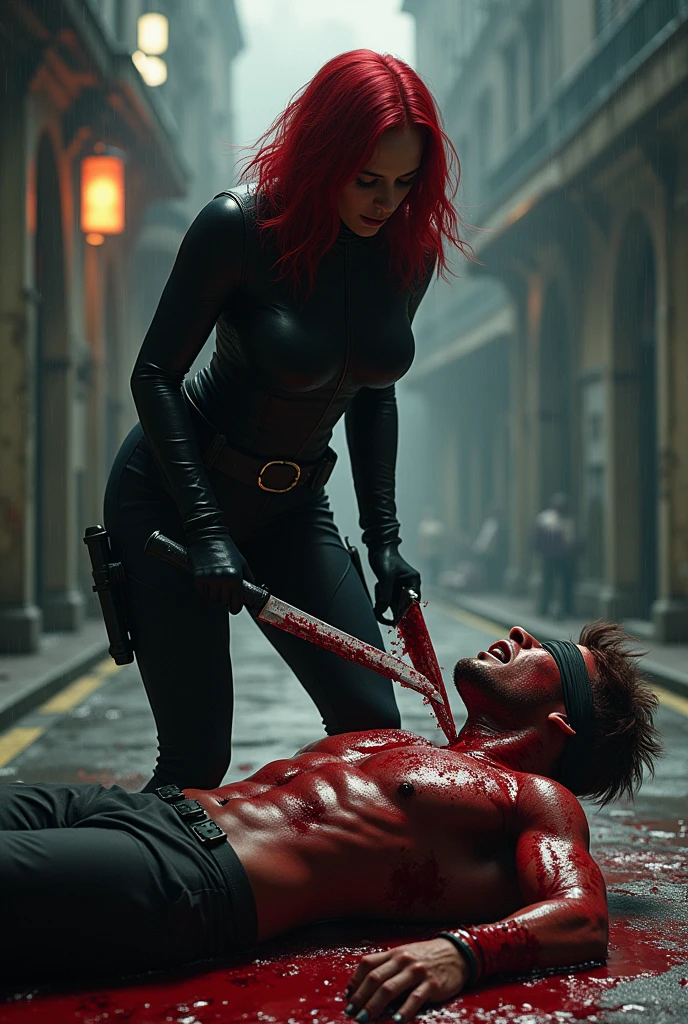 Realistic, A very beautiful dc black widows girl knife, cut throat A boy blindfold neck bloody splash, full body, wide open throat, throat contents
