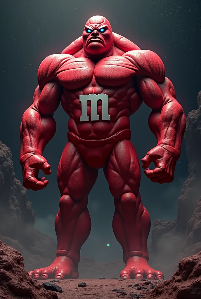 One Piece, Colossal Muscular Titan Red M&M Man. Three heads, space, three eyes, powerful