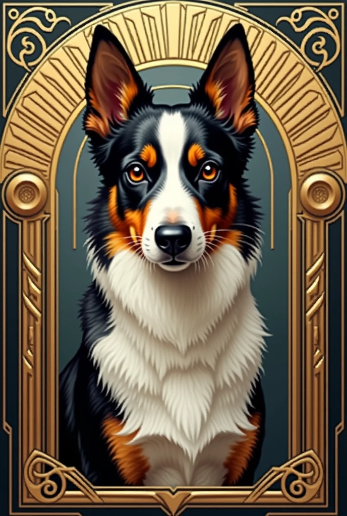 "Create an Art Deco-inspired pet portrait featuring geometric shapes and metallic accents. The pet’s portrait should be placed within a geometric frame, with clean lines and a few highlights in gold or silver. The design should evoke the opulence of the 1920s, with a glamorous and luxurious feel."