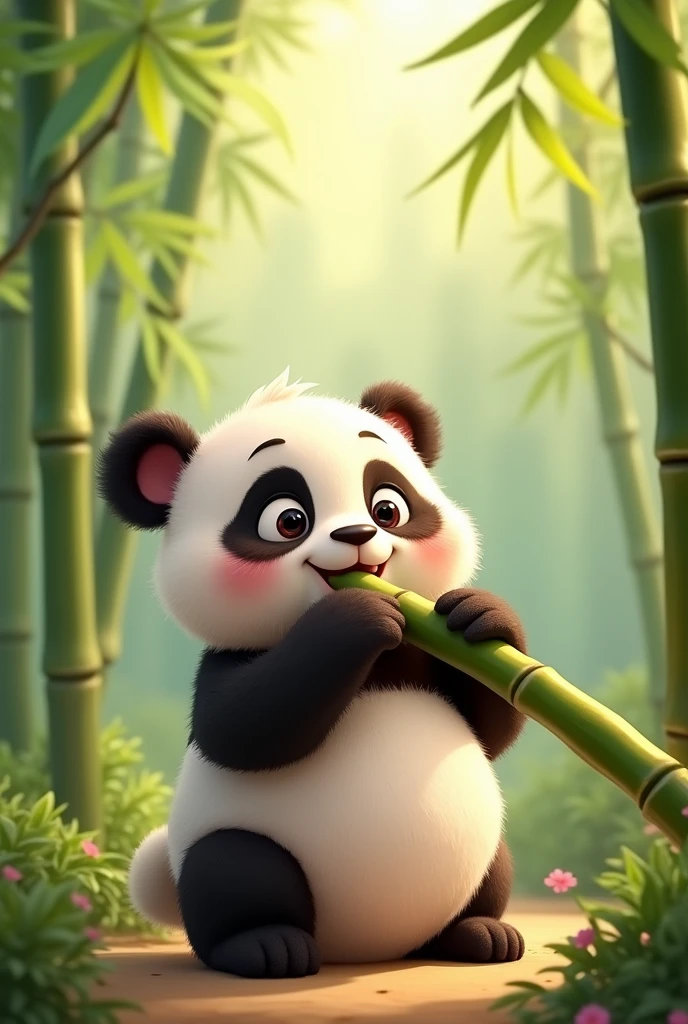 I need you to design me an animated image of a cute baby panda biting a bamboo branch