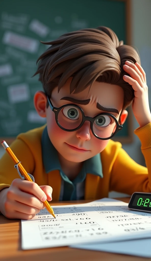 A close-up shot of Sam with brown hair and glasses sitting at a wooden desk at the classroom , staring anxiously at a math worksheet filled with equations. His brows are furrowed, and his hand grips a pencil tightly, pressing it against his forehead as if trying to solve a difficult problem. Papers are scattered around him, and a digital clock on the table shows it’s late. His posture reflects frustration and overwhelm, with a slight sweat on his forehead, indicating his stress. ultra animated and 3d