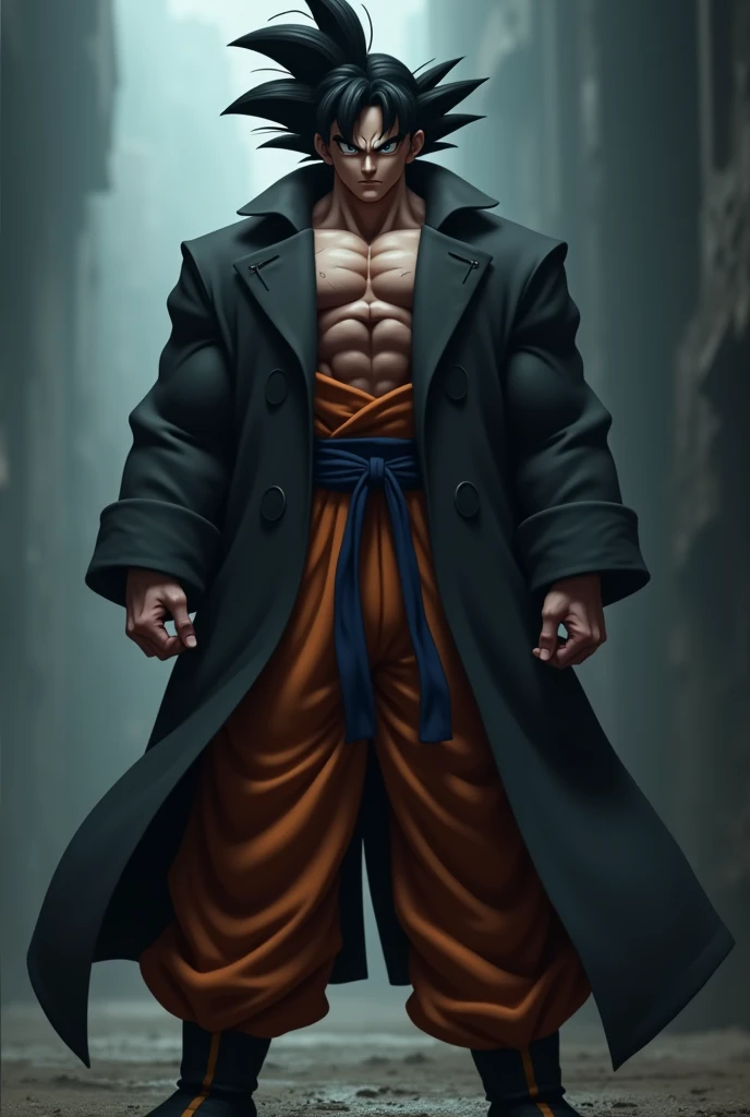 Goku dressed in a dark trench coat
